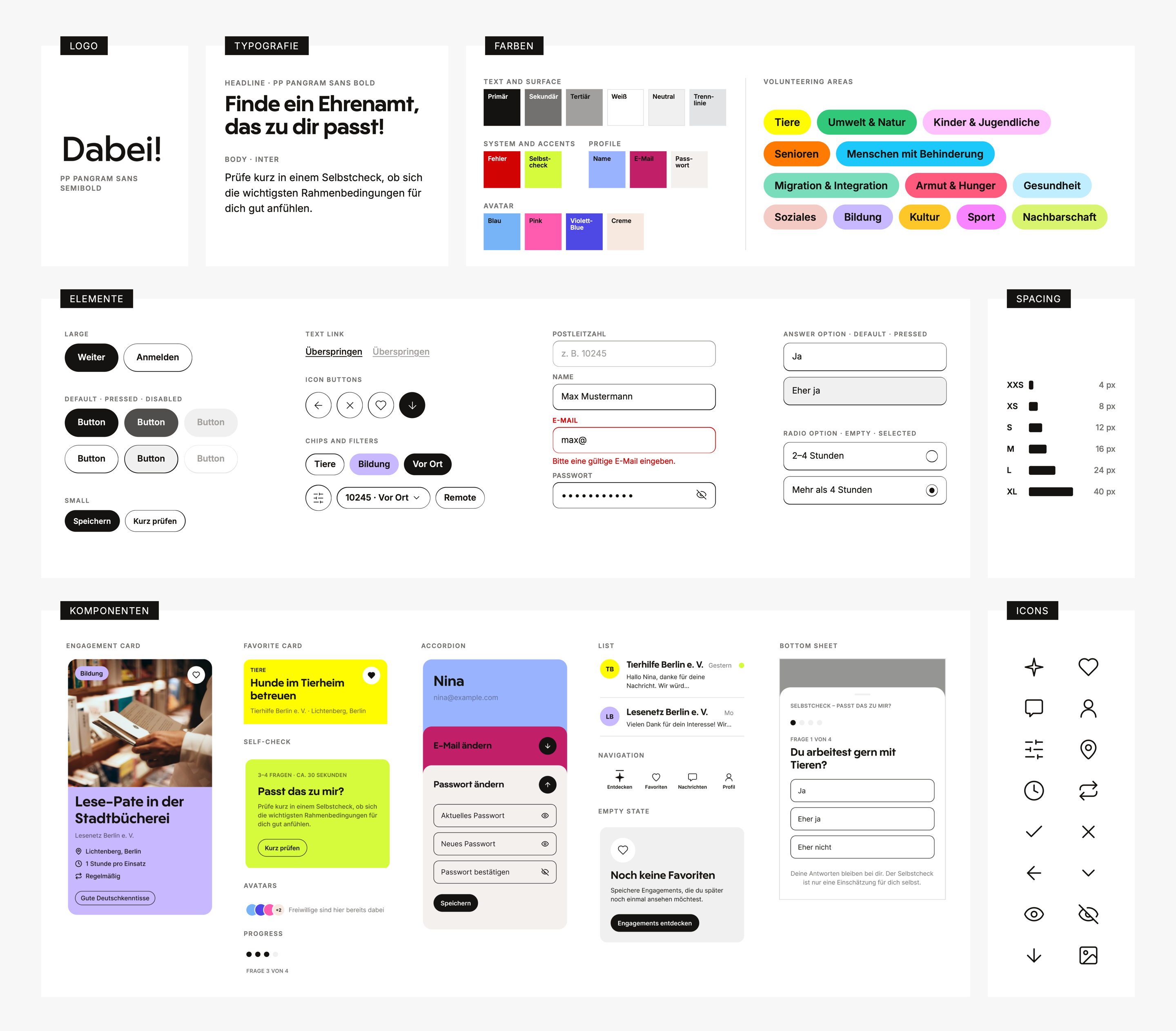 Dabei! design system: typography, colors, spacing, elements and icons