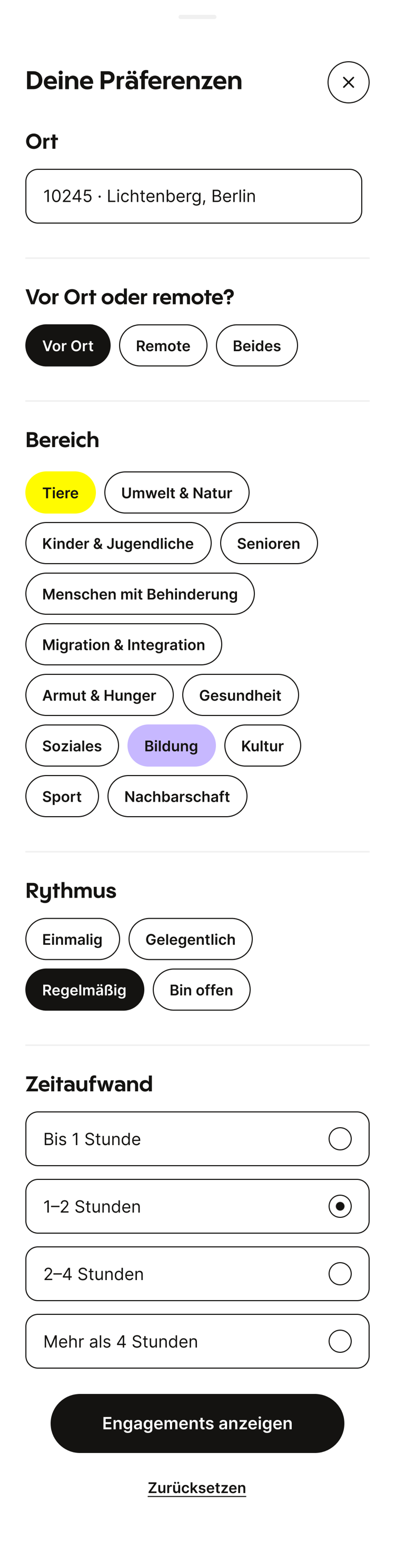 Preferences screen