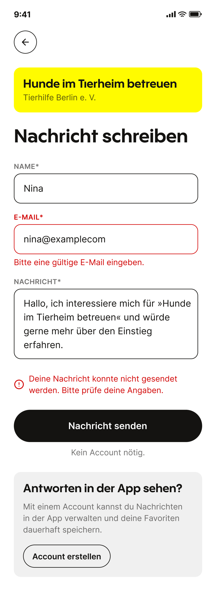 Error message screen