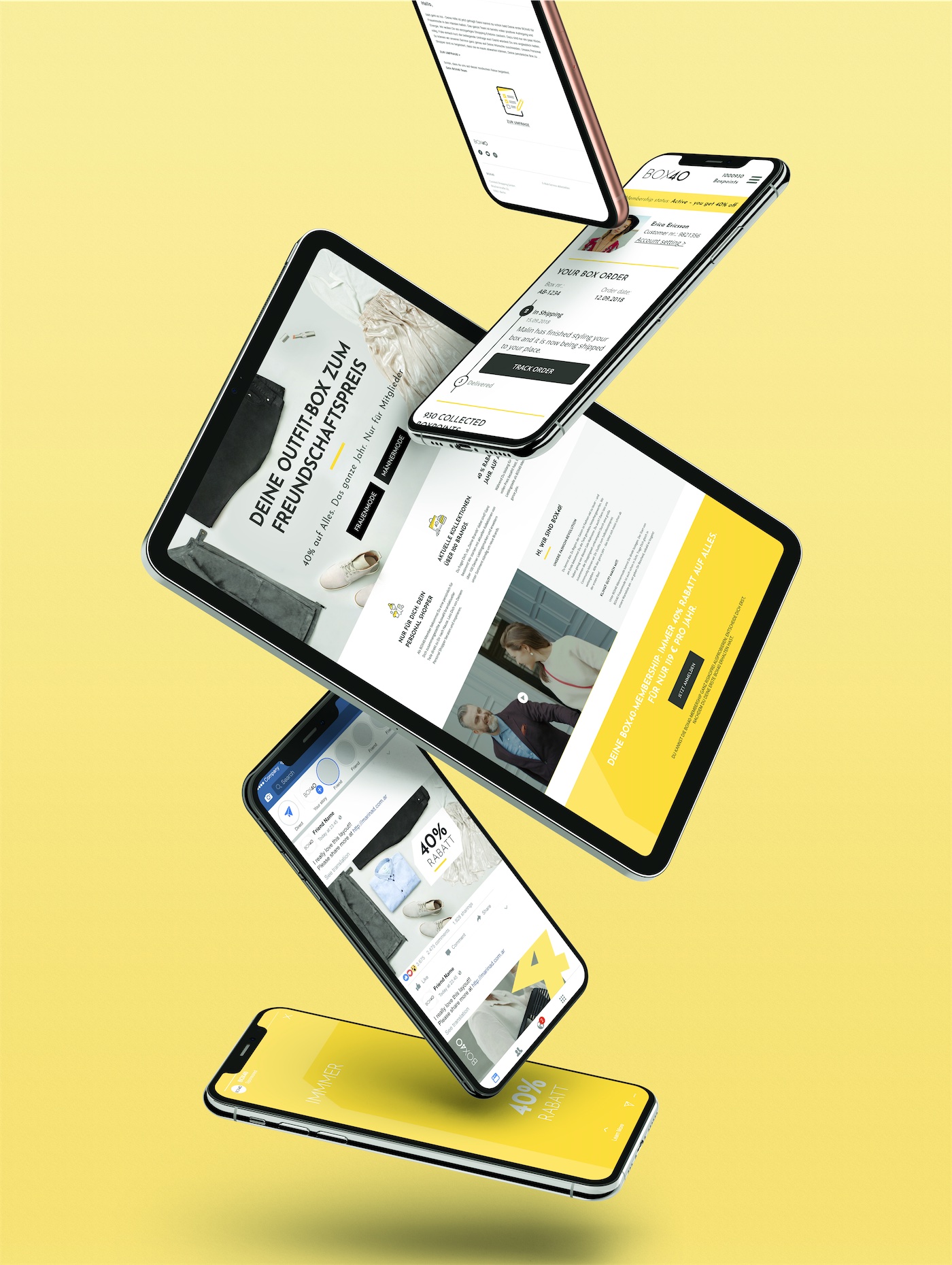 BOX40 website and ads on floating phones and a tablet