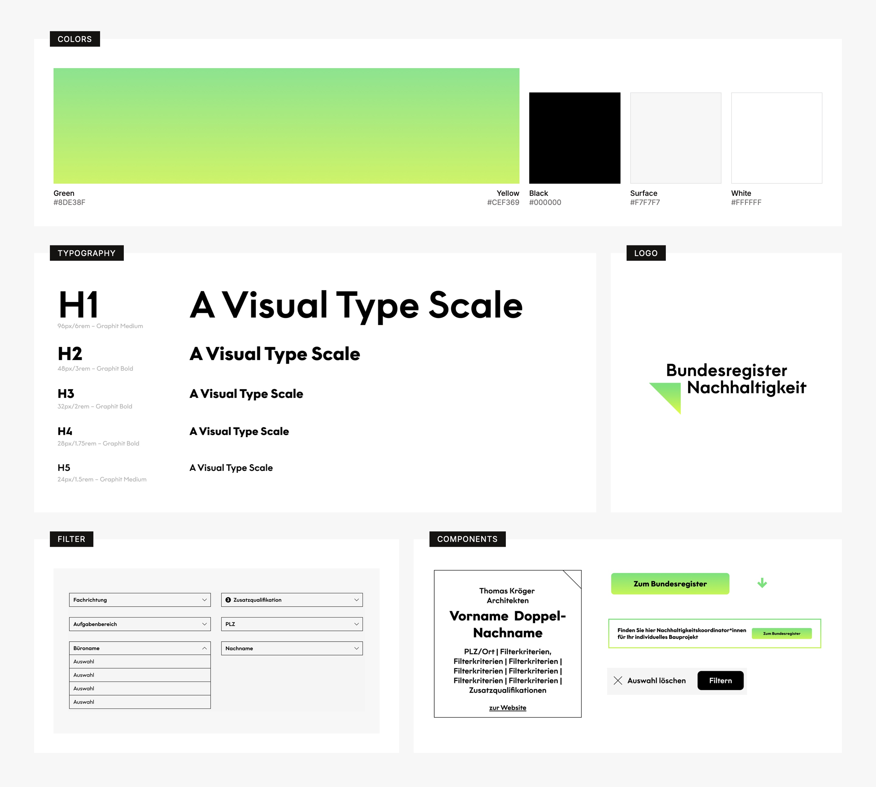 Bundesregister Nachhaltigkeit style guide: colors, typography, logo, filter and components