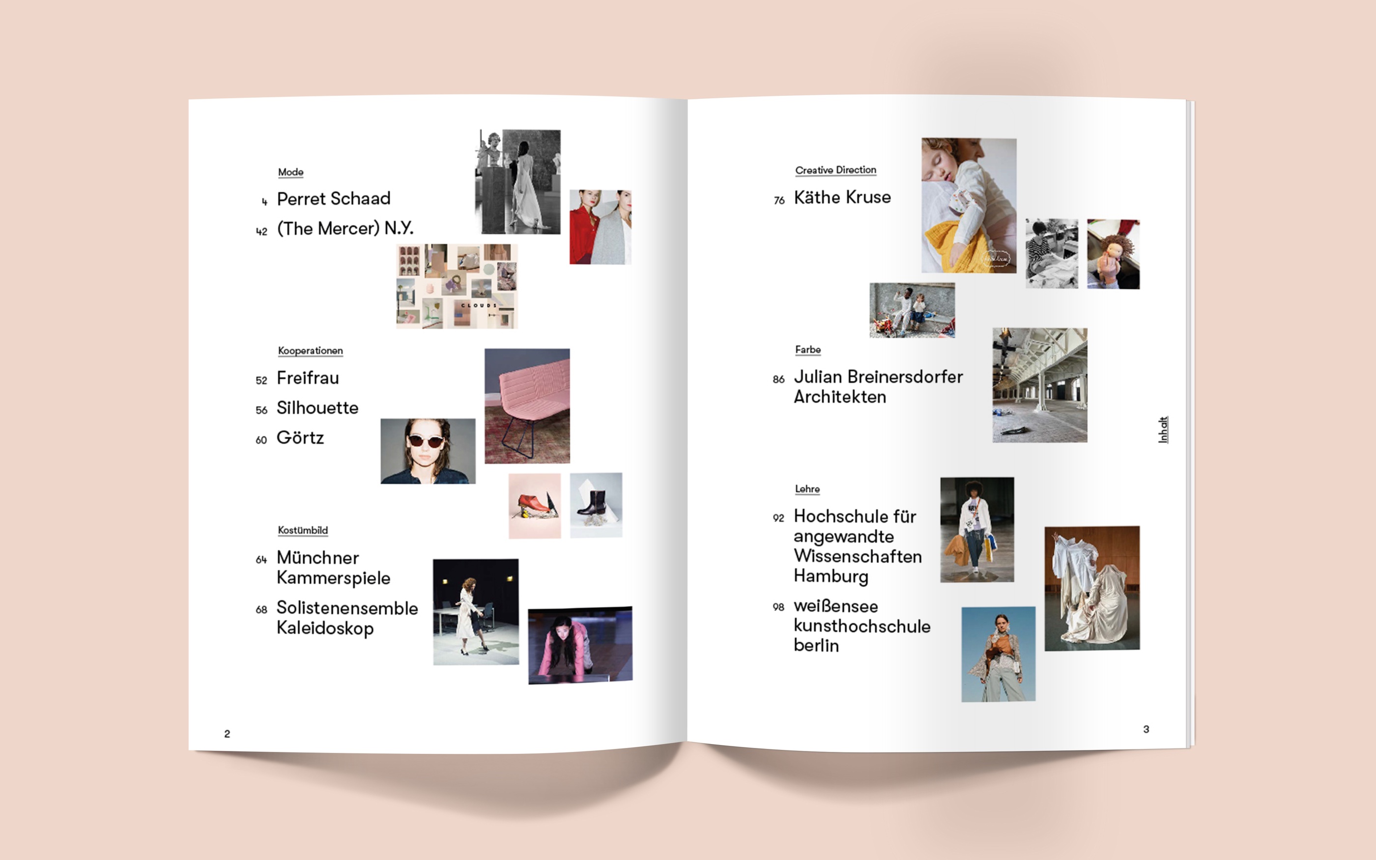 Book spread with a CV and project images