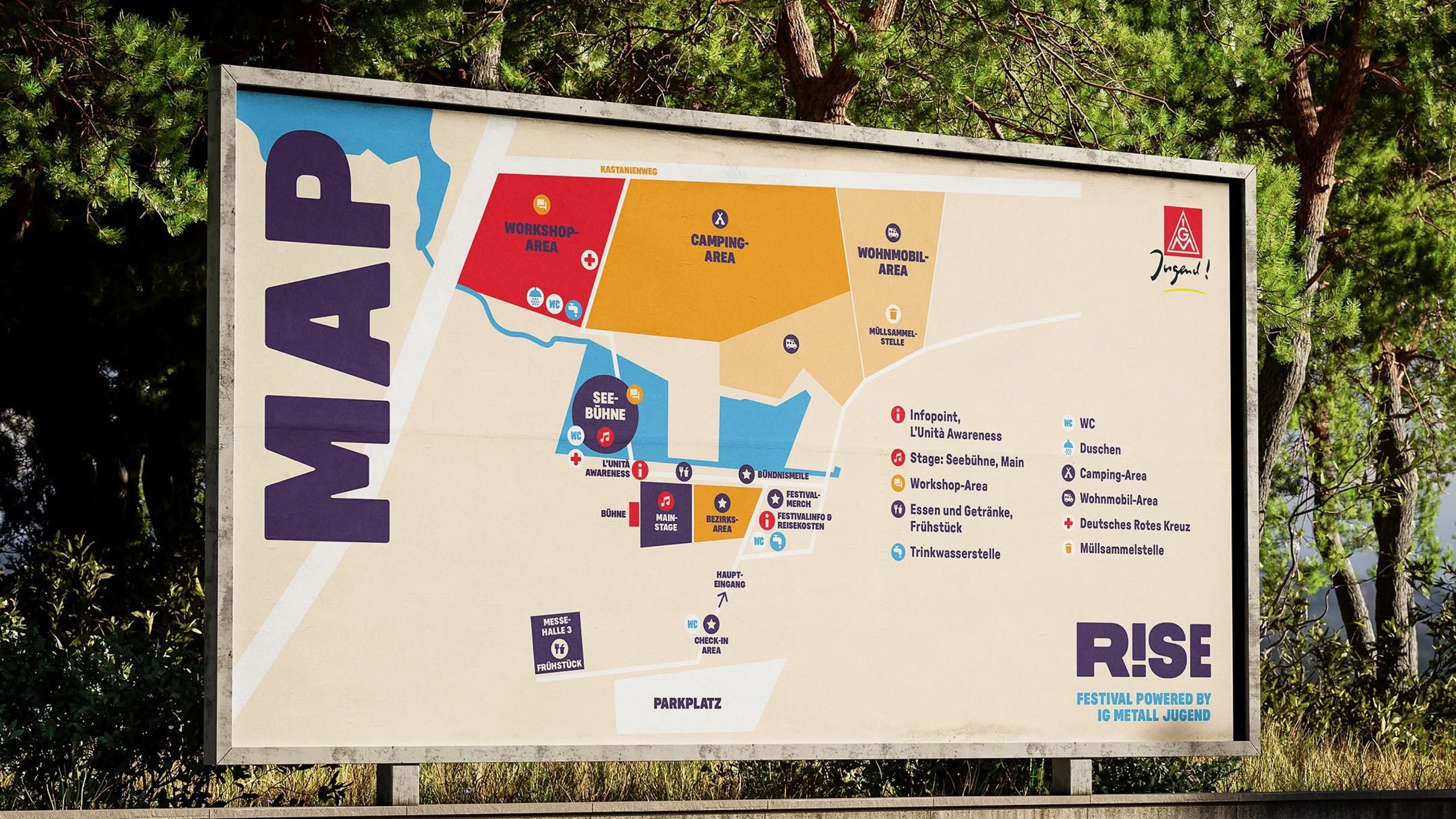 R!SE festival site map on a billboard